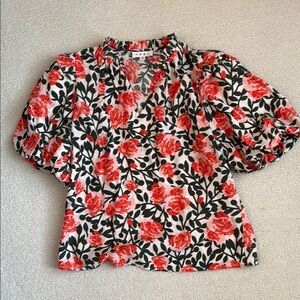 THML Pink and Black Puff Sleeve Blouse with Mandarin Collar